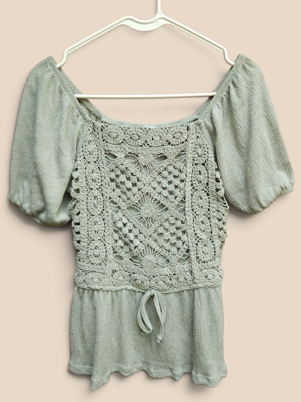 Sage Green Crochet Lace Puff Sleeve Peplum Top Boho Cottagecore
